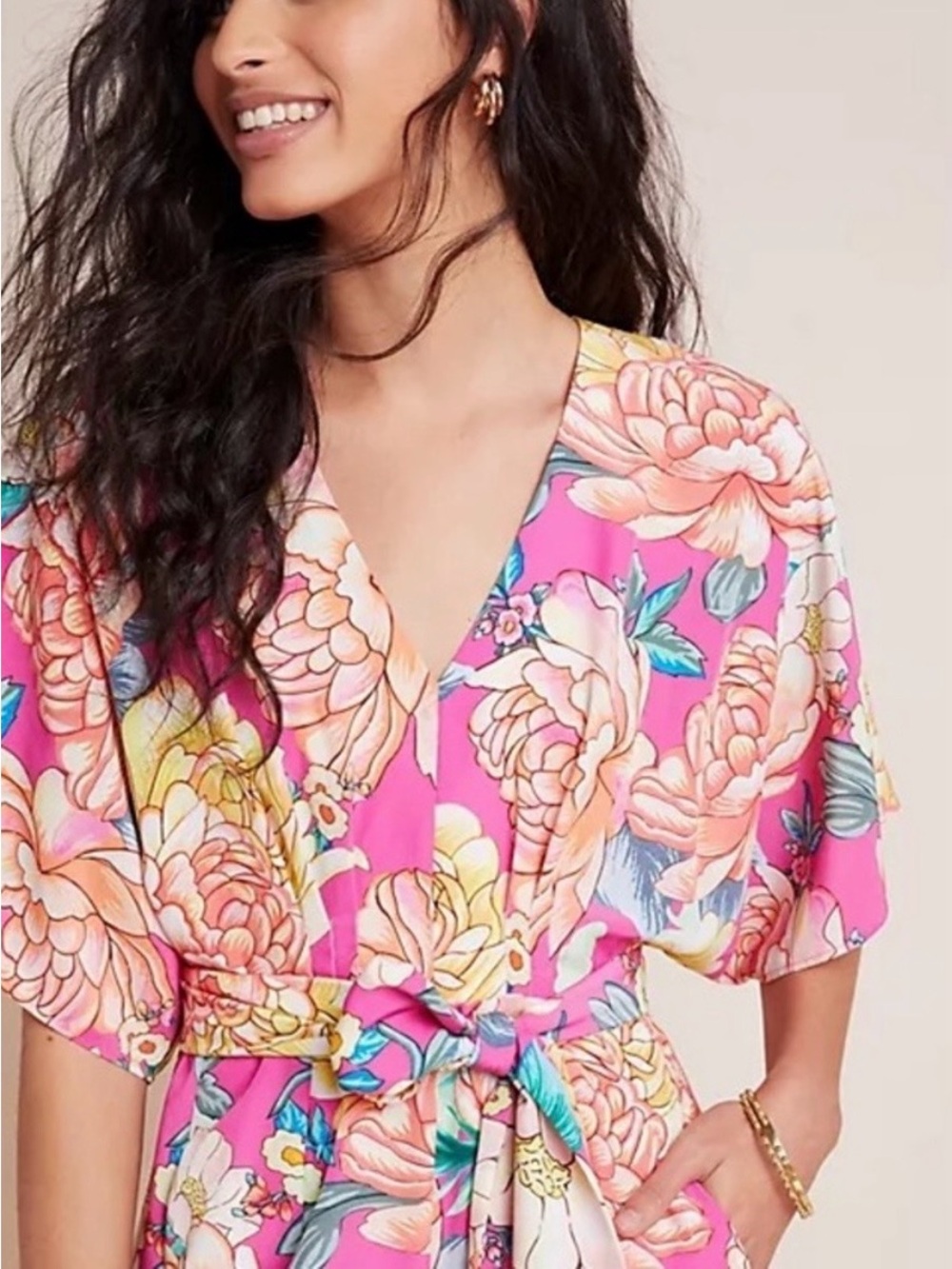 Anthropologie FARM Rio Eulalie Floral Wide Leg Jumpsuit, Peony Print, V-Neck - Picture 3 of 16